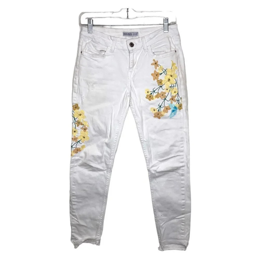 ZARA Floral Embroidered White Skinny Jeans Yellow Flowers Size 4